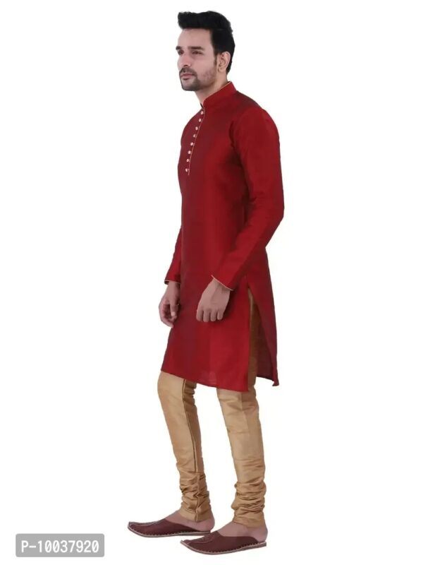 HUZUR Men's Silk Ceremony Loop Button Maroon Kurta Chiku Pyjama Set