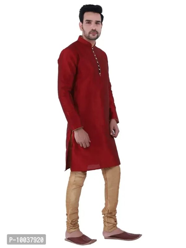 HUZUR Men's Silk Ceremony Loop Button Maroon Kurta Chiku Pyjama Set