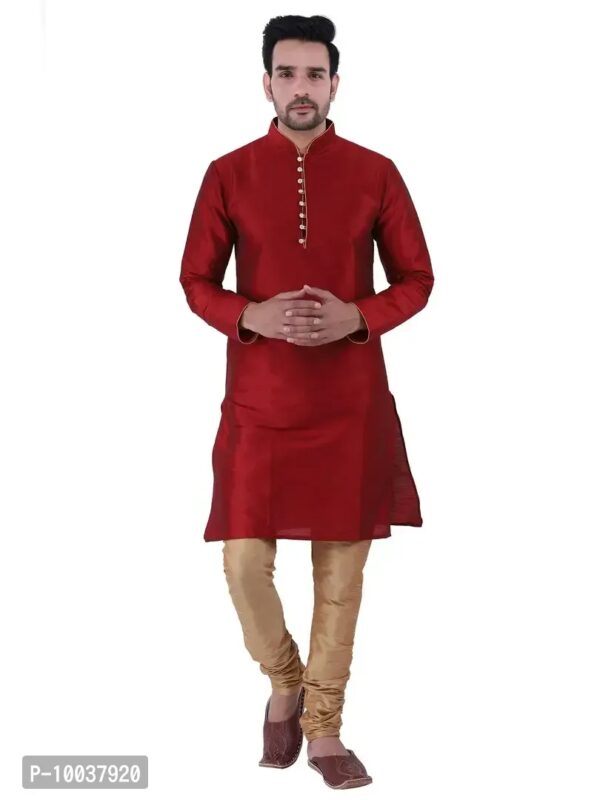 HUZUR Men's Silk Ceremony Loop Button Maroon Kurta Chiku Pyjama Set