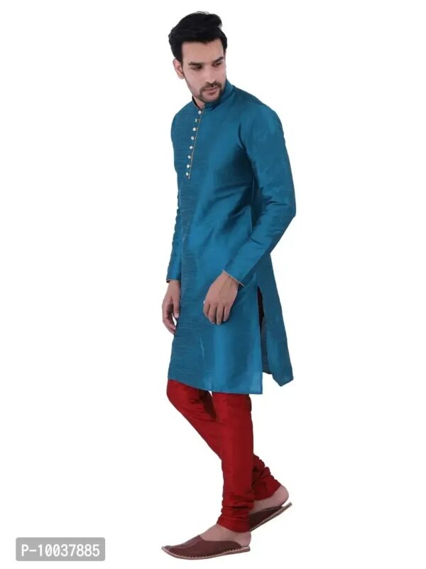 HUZUR Men's Silk Ceremony Loop Button Green Kurta Maroon Pyjama Set