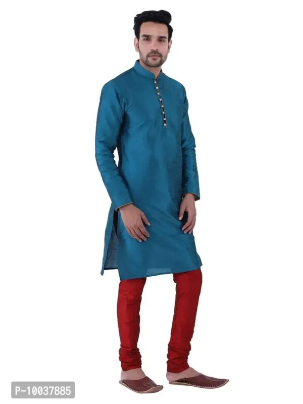 HUZUR Men's Silk Ceremony Loop Button Green Kurta Maroon Pyjama Set