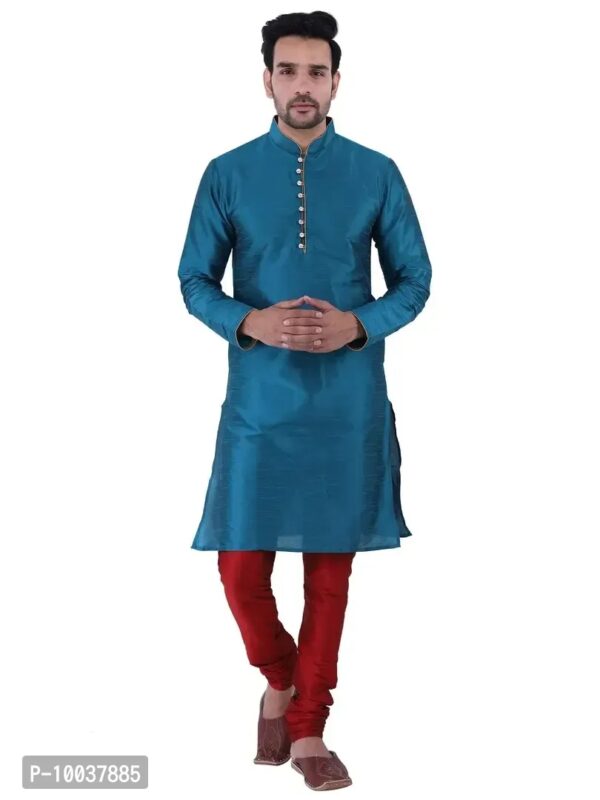 HUZUR Men's Silk Ceremony Loop Button Green Kurta Maroon Pyjama Set